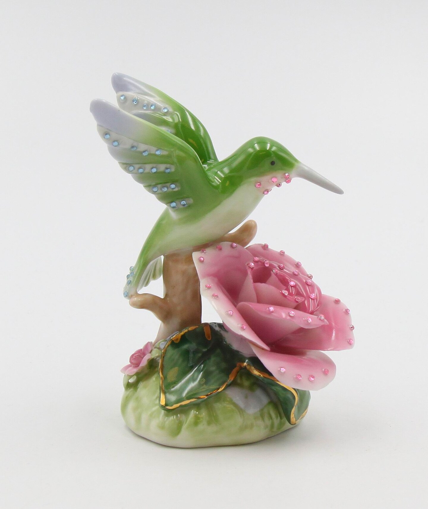 Ceramic Glittering Hummingbird With Pink Rose Flower Figurine, Home Décor, Gift for Her, Gift for Mom, Nature Lover Décor, Cottagecore