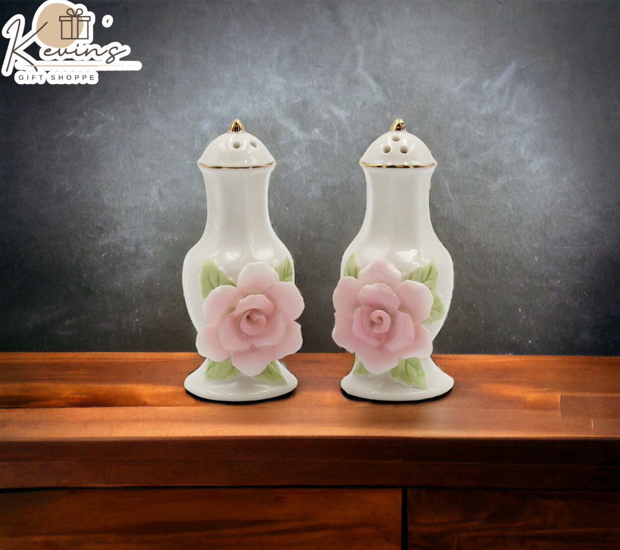 Ceramic Pink Rose Jar With Gold Trim Salt And Pepper Shakers, Home Décor, Gift for Her, Gift for Mom, Kitchen Décor