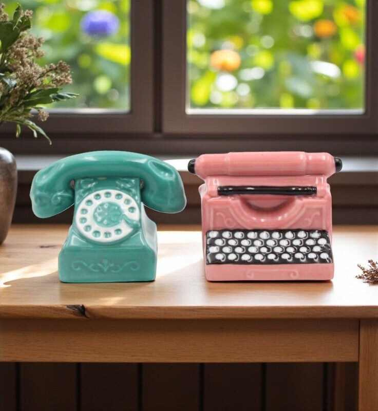 Ceramic Retro Phone & Typewriter Salt And Pepper Shakers, Retirement Gift, Gift for Secretary, Coworker Gift, Gift for Mom, Kitchen Décor