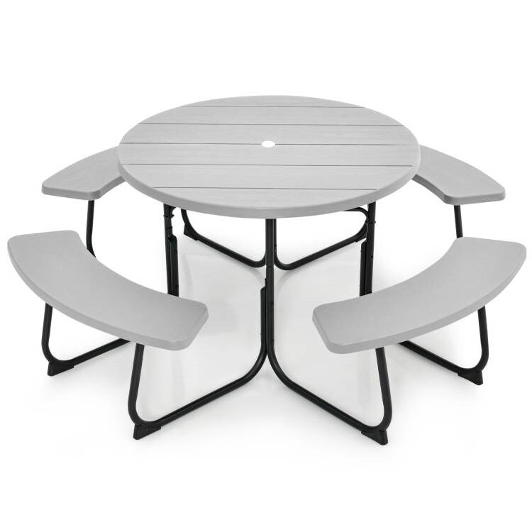 75" Round HDPE 8-Seater Outdoor Picnic Table with Umbrella Hole and Metal Frame
