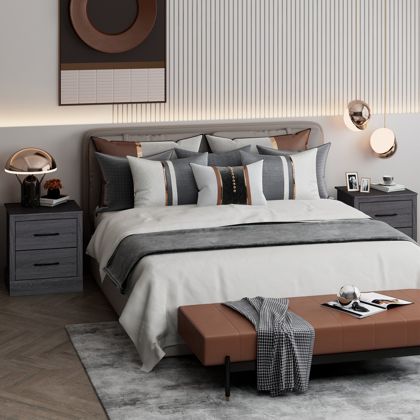 Costway 2 Drawer Nightstand Bedside Table Compact Sofa End Table Dark Grey Oak/Walnut