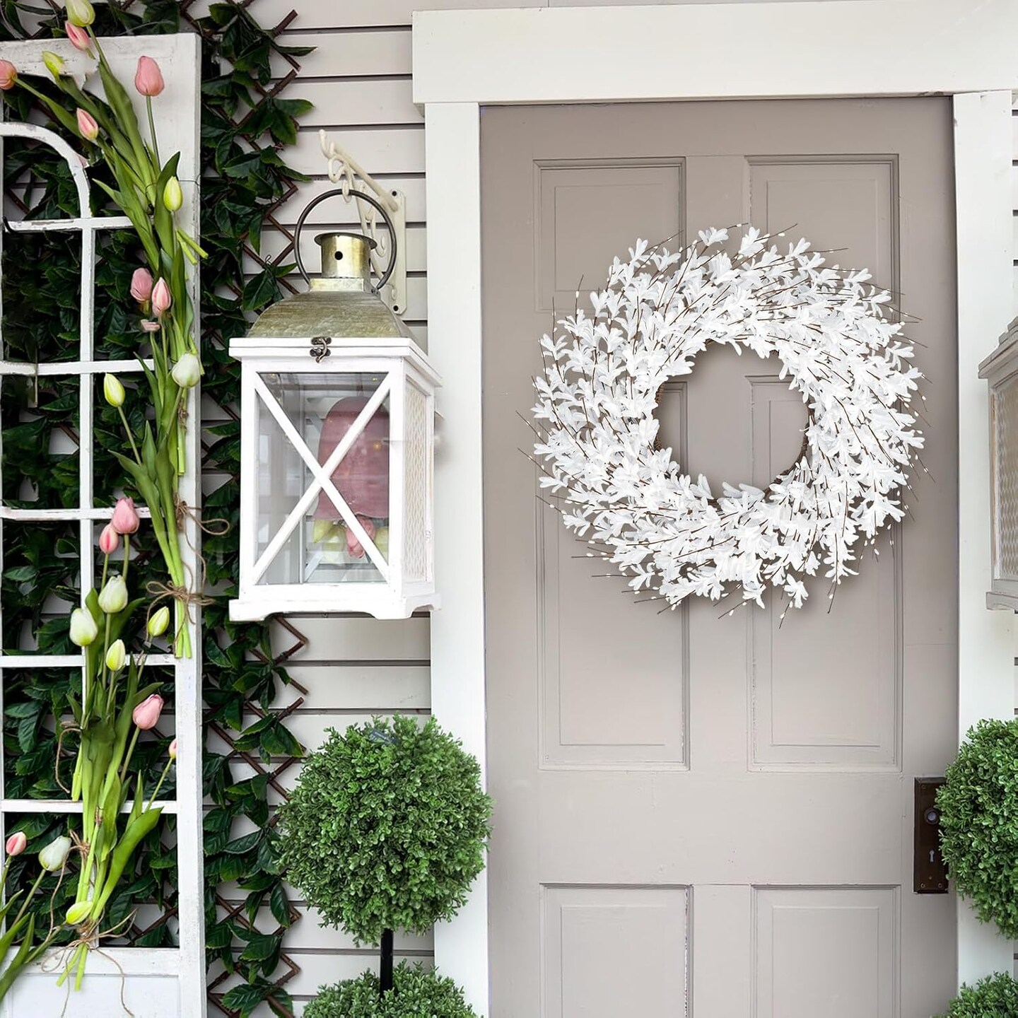 Summer Wreath for Front Door, 24 Inch White Wreaths Artificial