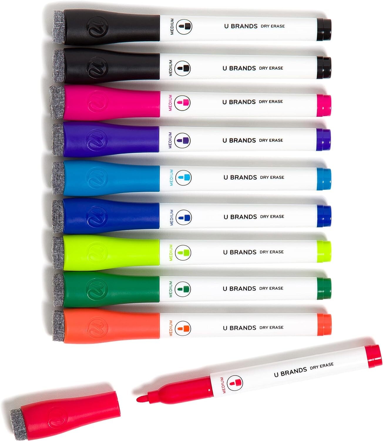 U Brands Magnetic Dry Erase Markers – Low Odor, Medium Point, With Erasers, Assorted Colors