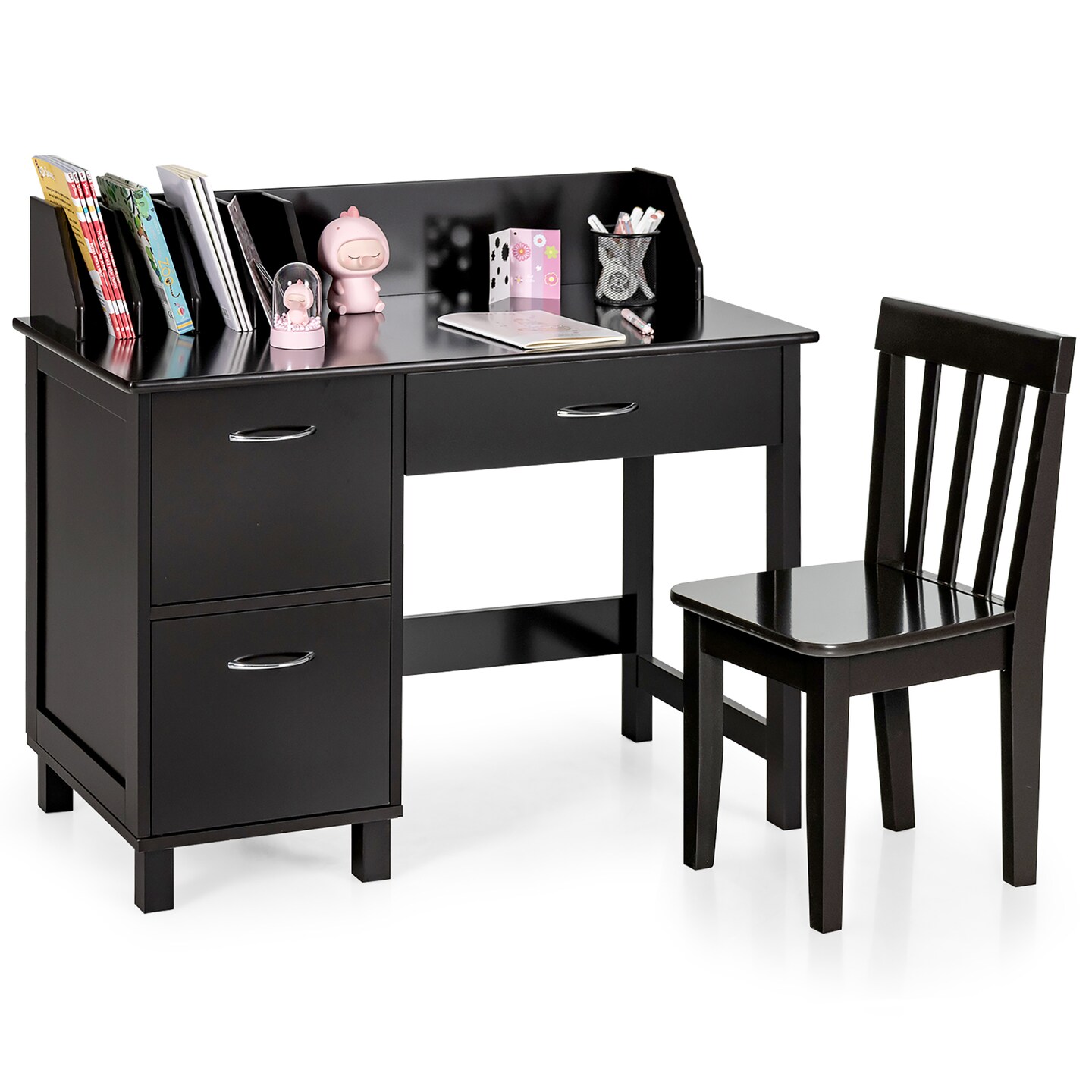 Costway Kids Wooden Study Desk & Chair Writing Table w/Drawer Storage Cabinet