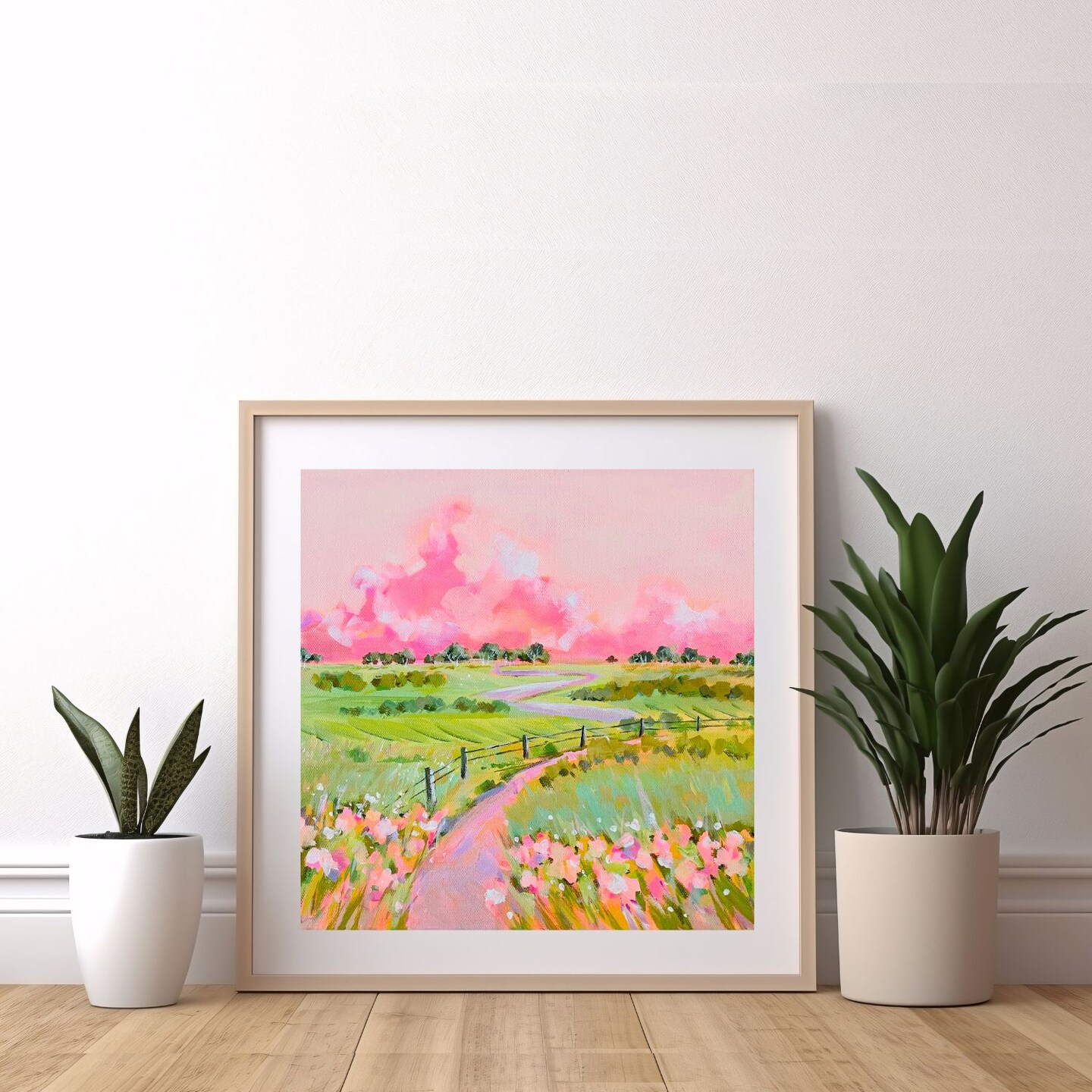 Wildflowers Countryside Landscape in Happy Bright Colors- Art