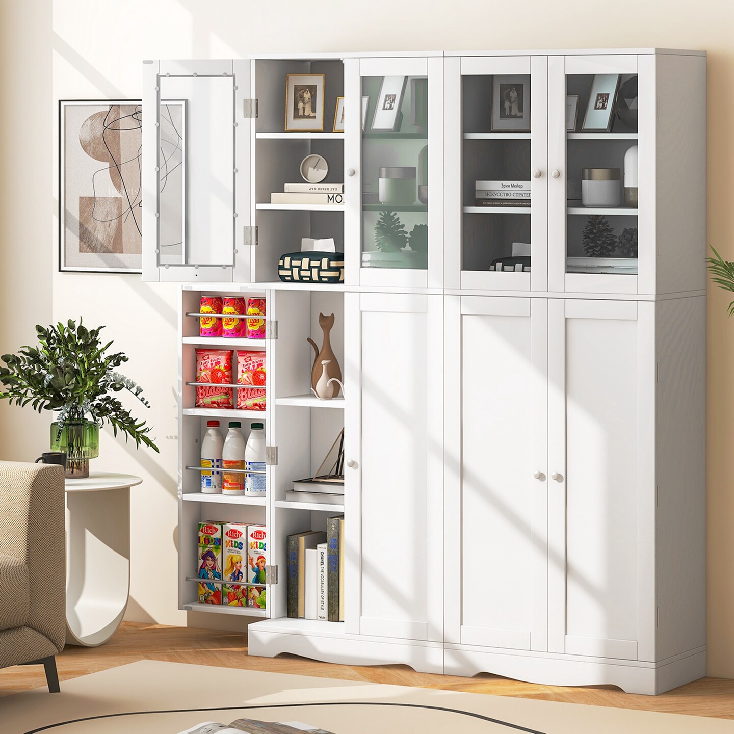 Costway 63.5&#x22; Tall Kitchen Pantry Storage Cabinet with Glass Door Storage Shelves Black/White