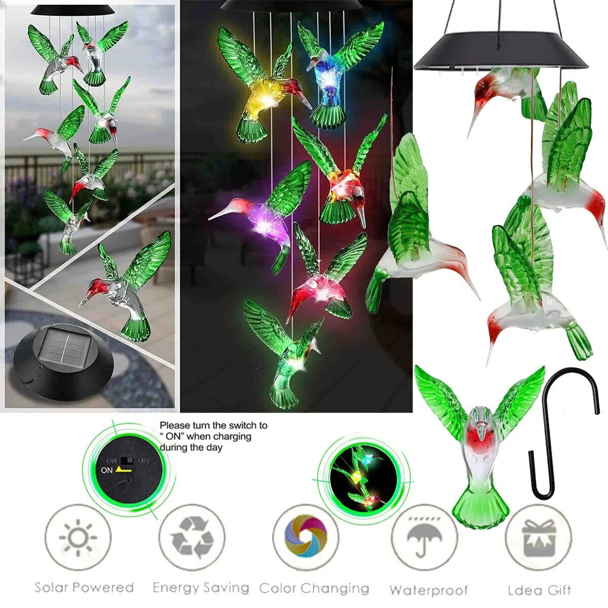 colorful Hummingbird Solar Gift Light Color Changing LED Garden Hanging Light