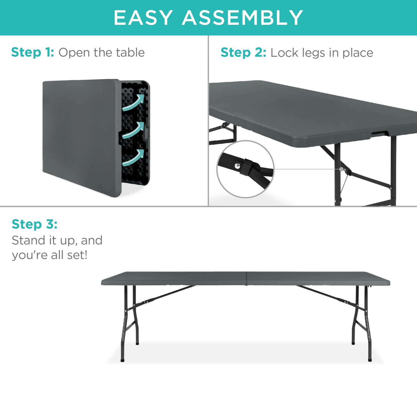 Best Choice Products 8ft Plastic Folding Table, Indoor Outdoor Heavy Duty Portable w/ Handle, Lock for Picnic