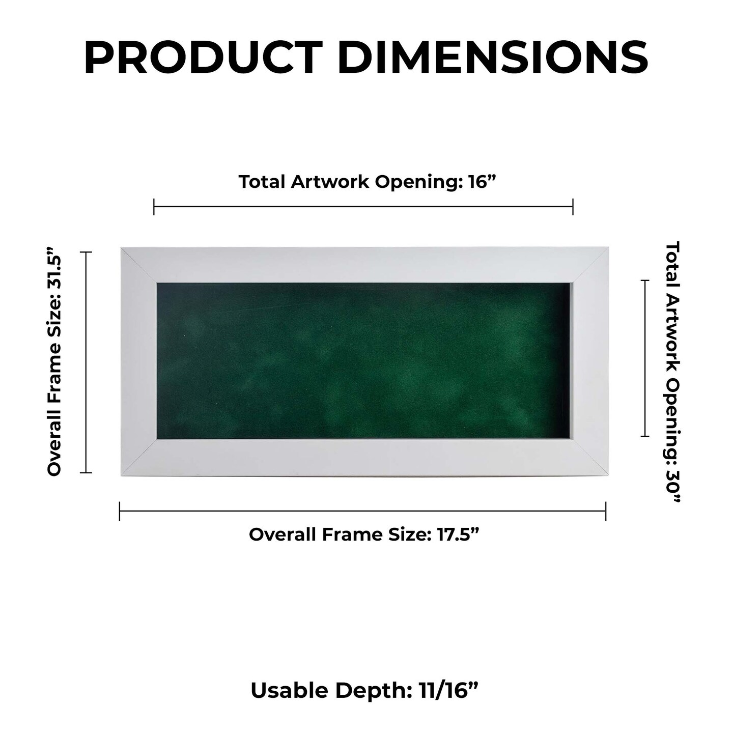 Classic White Wood Shadown Box Frame with Acrylic Front - Forest Green Suede Backing, 30 Sizes