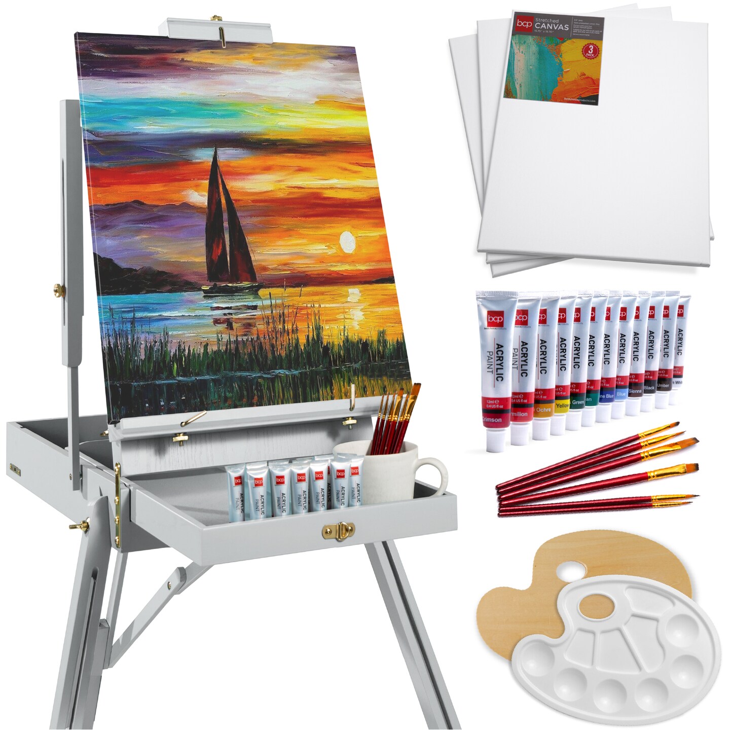 Best Choice Products French Easel, 32pc Beginners Kit Portable Wooden Adjustable Tripod w/ Paint Supplies