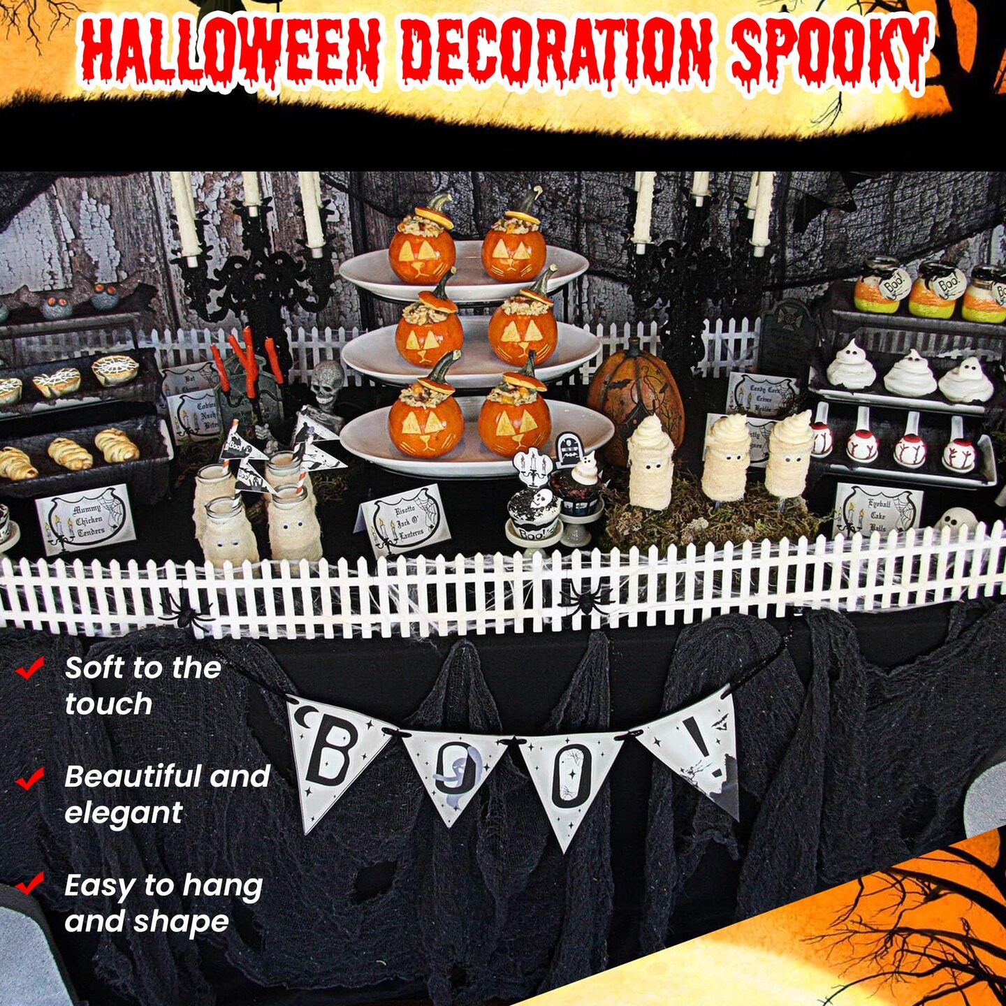 48 x 240 inc  Halloween Creepy Cloth, Spooky Giant Cheese Cloth Tapestry for Halloween Party Supplies Decorations Outdoor Yard Home Wall Decor, Black