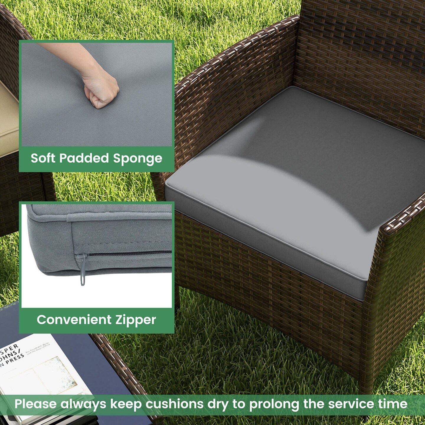 Costway 4 PCS Patio Furniture Set with Washable Cushions and Tempered Glass Coffee Table Beige/Black/Navy/Grey/Turquoise/Red/Blue/Orange
