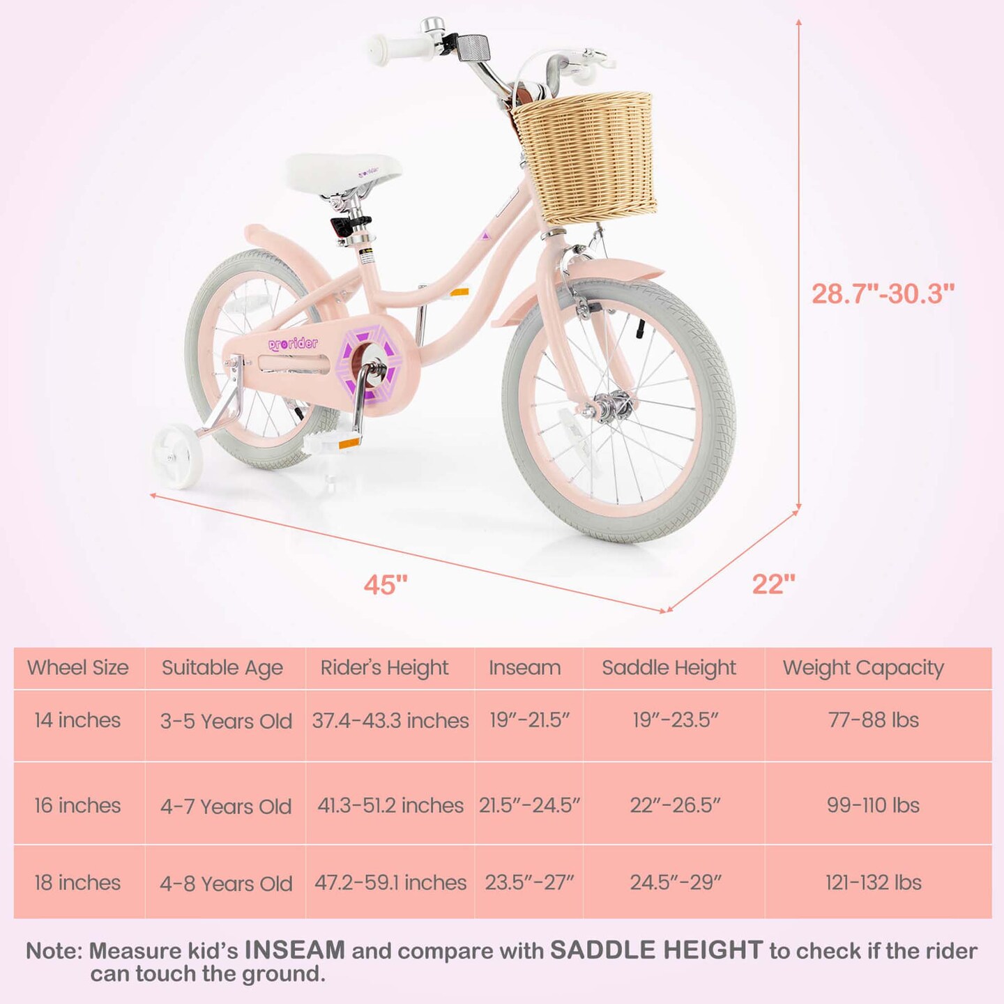 Prorider 16&#x22; Kid&#x2019;s Bike with Training Wheels Adjustable Handlebar Seat Handbrake Blue/Green/Pink