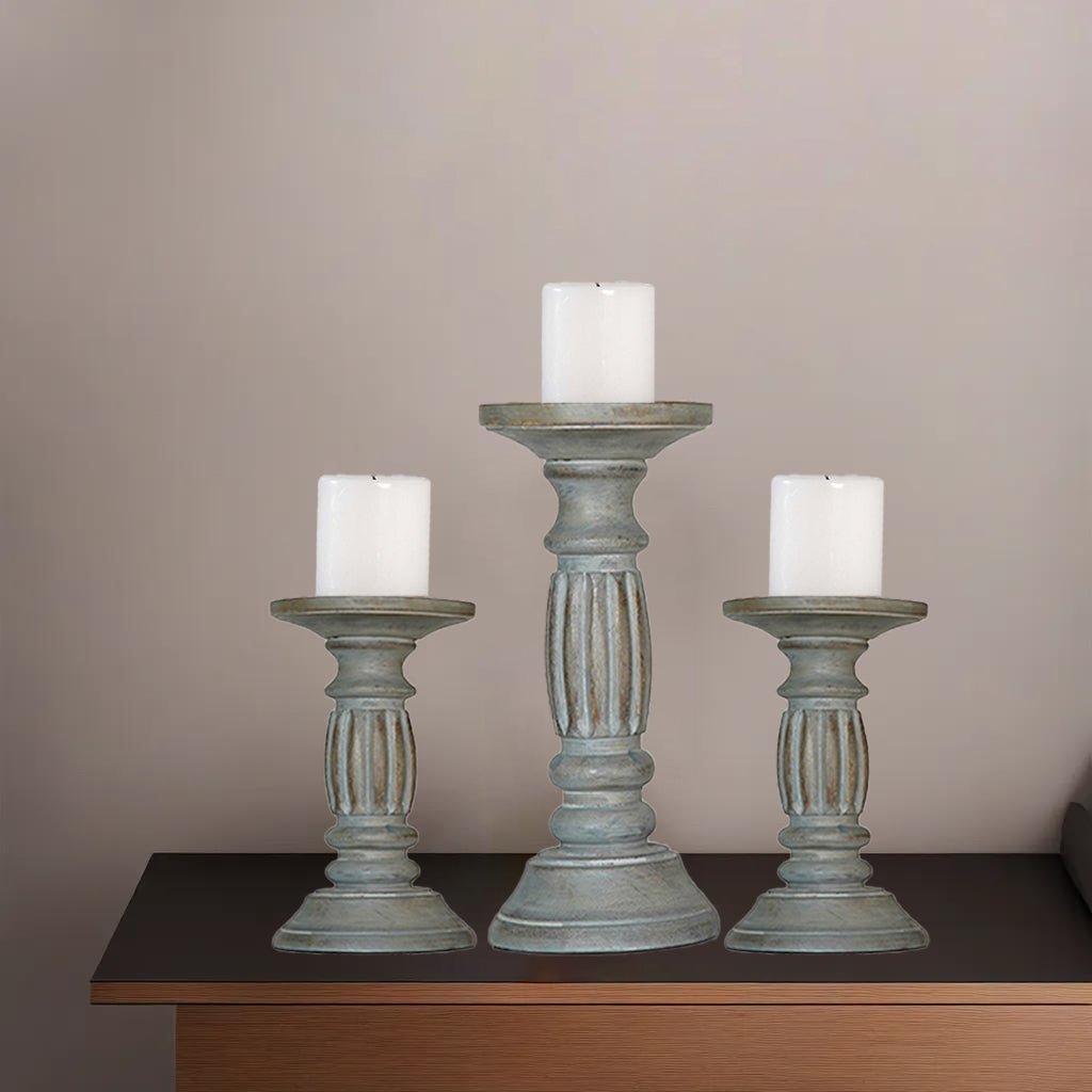 Antique Dusk Mango Wood Candle Holder Set Of 3 Eco-Friendly Handmade Decor
