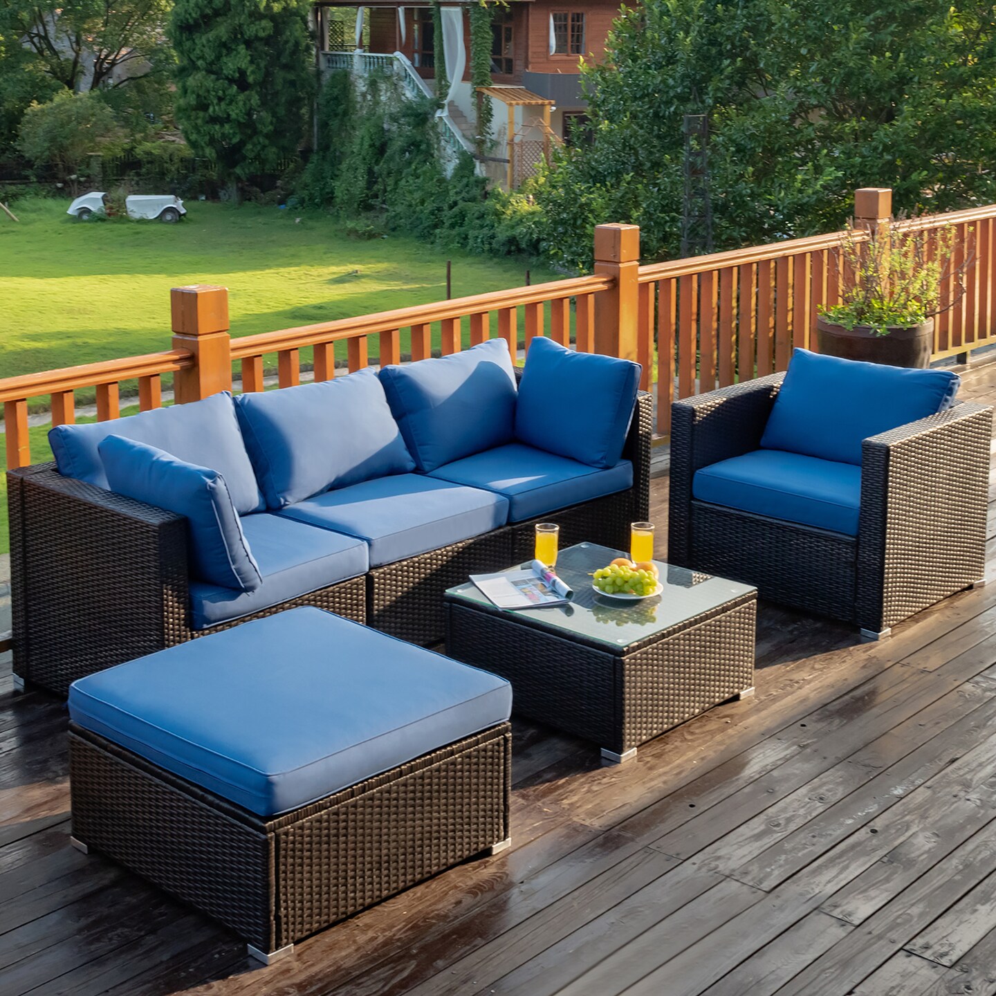 Costway 6PCS Patio Rattan Sectional   Furniture Set Sofa Coffee Table Ottoman Navy