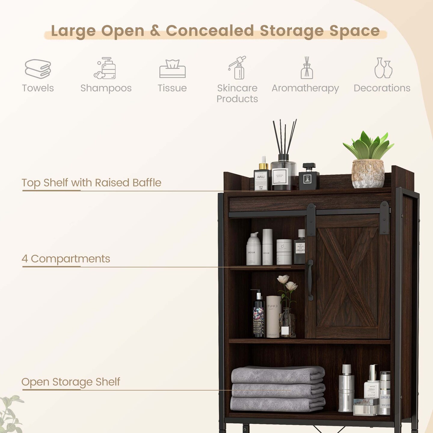 Costway Over-The-Toilet Storage Cabinet Bathroom Organizer w/ Sliding Barn Door Rustic Brown/Espresso/Grey