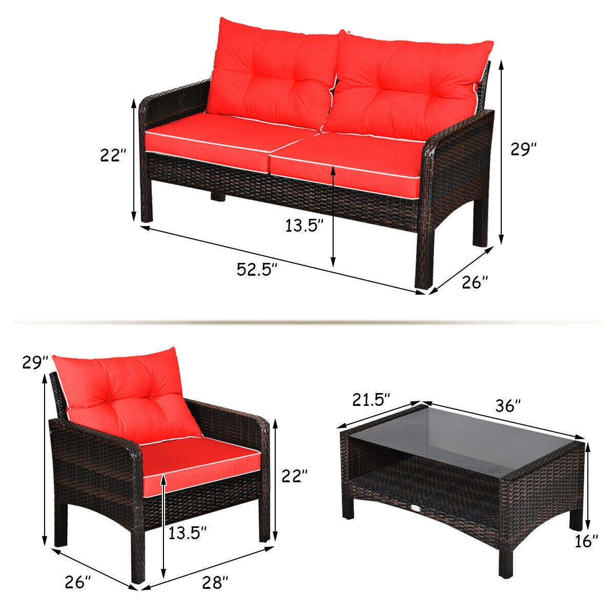 Costway 4PCS Patio Rattan Furniture Set Loveseat Sofa Coffee Table Cushioned Sofa Garden