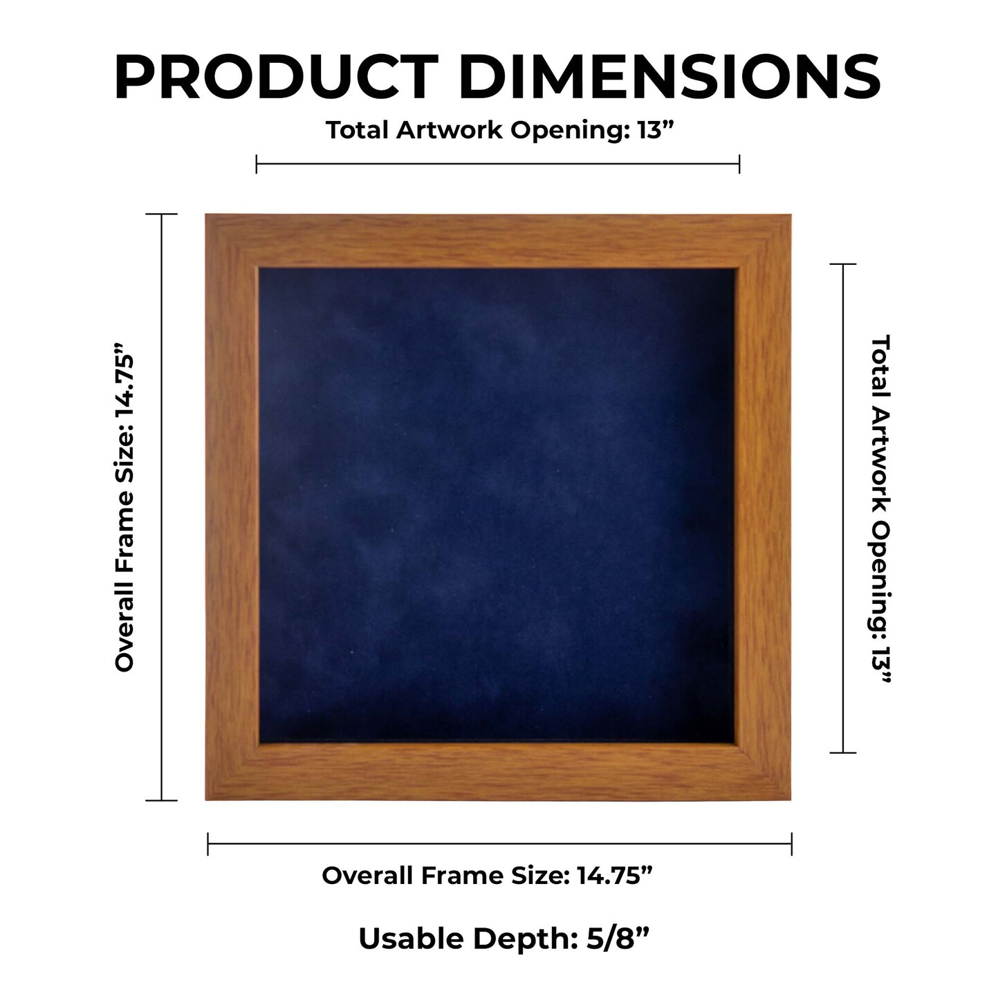 Warm Honey Brown Wood Shadow Box Frame with Acrylic Front - Navy Blue Suede Backing, 30 Sizes