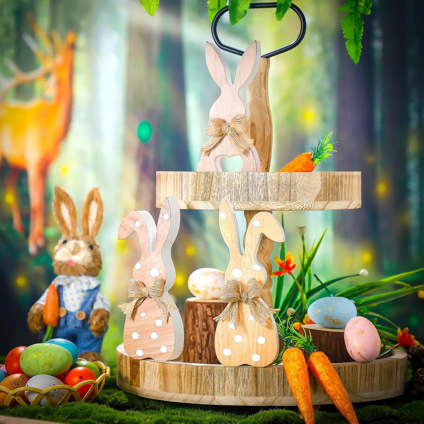 3-Piece Easter Bunny Table Decorations – Wooden Farmhouse Tiered Tray Decor, Rustic Rabbit Centerpiece for Spring Home & Party Tabletop (Natural Brown)