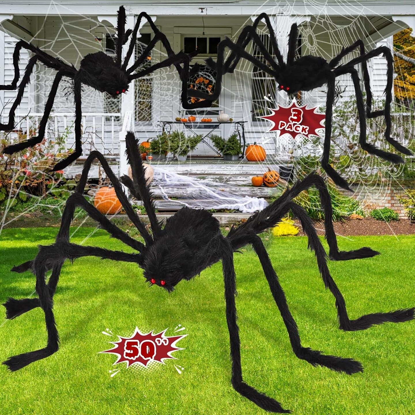 Halloween Giant Spider Decorations Outdoor: 3 PCS Halloween Spider Decorations outside - 50&#x27;&#x27; Large Spiders Realistic Hairy Halloween Decor - Scary Big Spiders Halloween Decorations for Indoor Yard