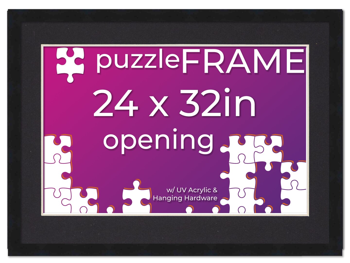 24x32 Jigsaw Puzzle Frame Kit - Kit Includes Puzzle Glue Sheets, Black Wood Puzzle Frame with Black Mat, UV Acrylic, Backing,, Hanging Hardware