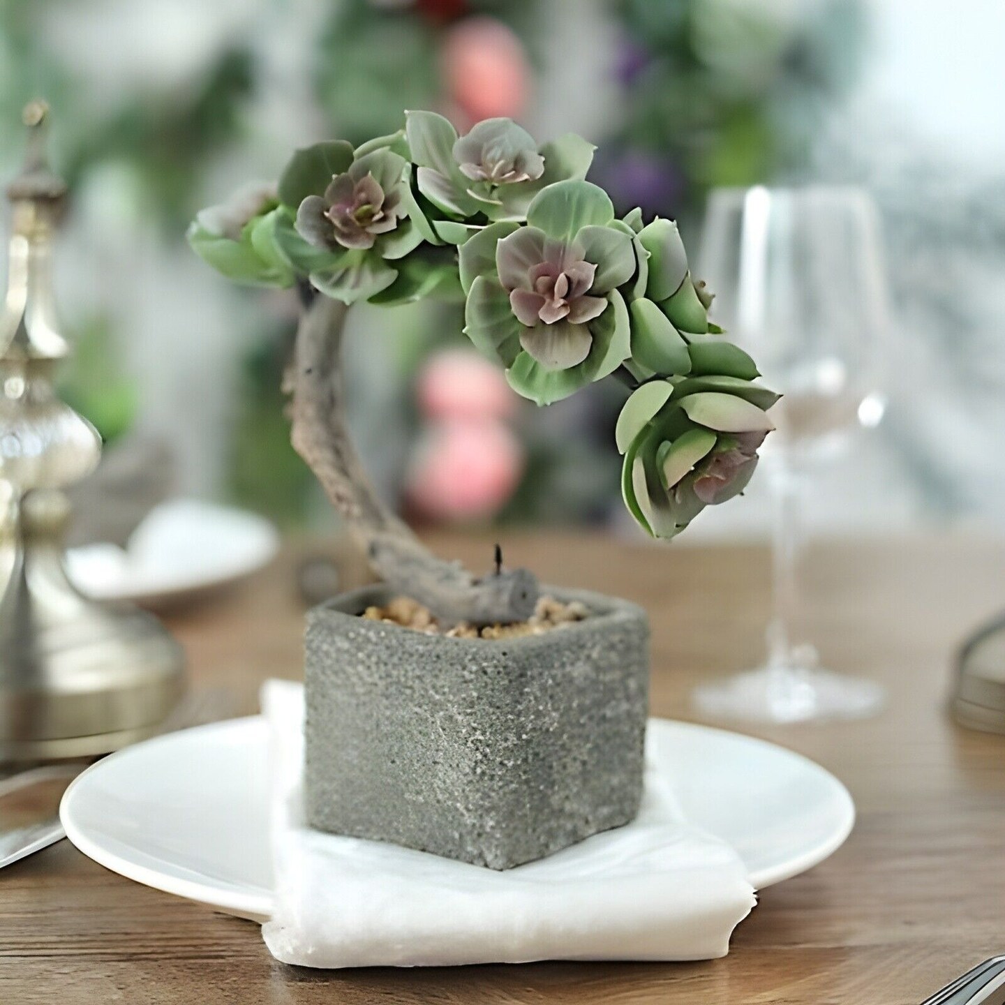 8-Inch tall Brown Concrete Planter Pot Green Artificial Mini Succulents Tree