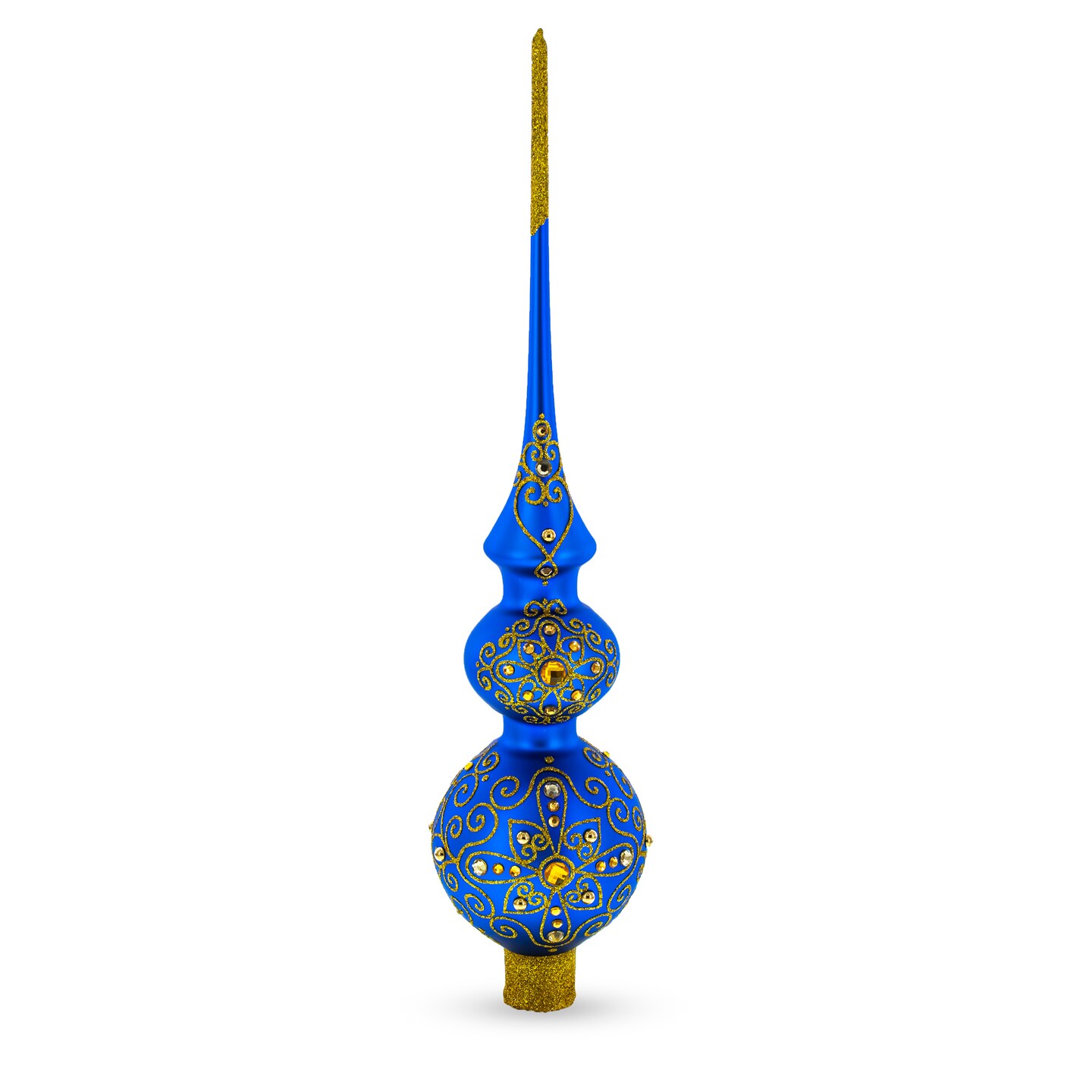 Golden Swirls on Blue Double Ball Blown Glass Christmas Tree Topper 16 Inches
