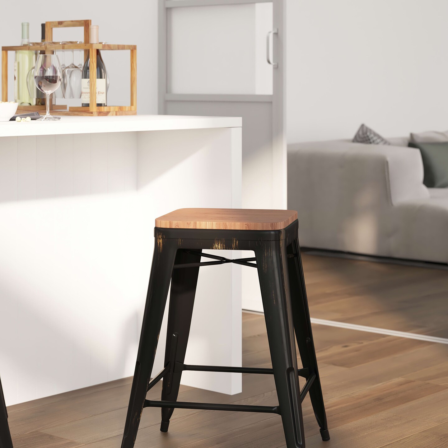 Merrick Lane Dalton Series Backless Metal Dining Stool with Wooden Seat for Indoor Use