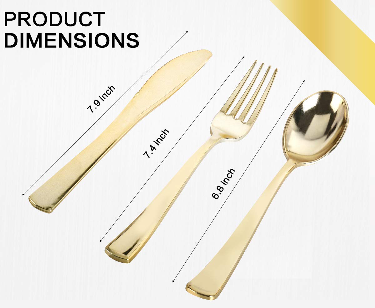 175 Piece Gold Dinnerware Set - 50 Gold Rim Plastic Plates - 25 Gold Plastic Silverware - 25 Gold Plastic Cups - 25 Gold Paper Napkins, 25 Guest Disposable Gold Dinnerware Set
