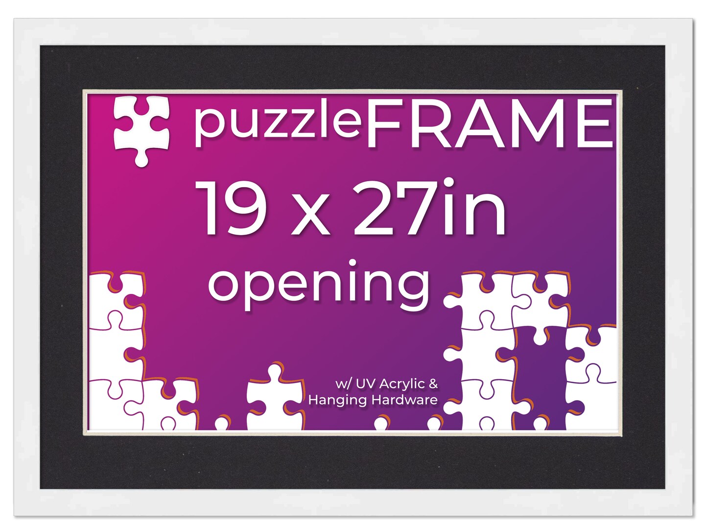 White Wood Puzzle Frame Kit with Glue Sheets, Black Mat, Backing, UV Acrylic - Available in 20 Popular Sizes