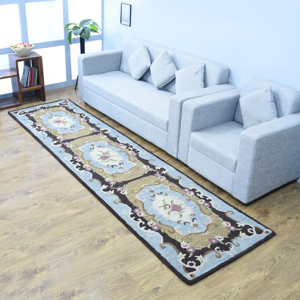 Hand Tufted Wool Round Area Rug Beige Blue 5X5 Eco-Friendly K00s04