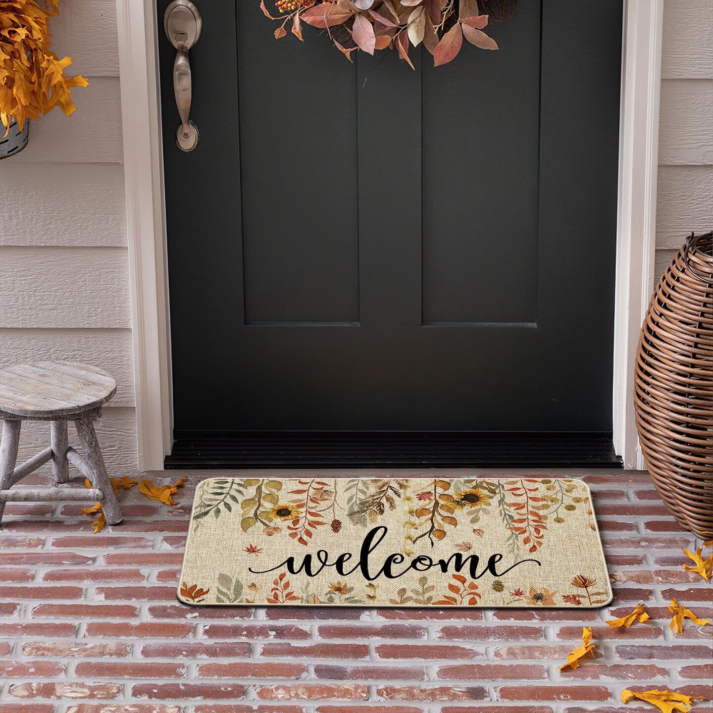 Welcome Fall Doormat Eucalyptus Leaves Sunflowers Door Mats Indoor Outdoor Patio Non-Slip Durable Entrance FloorMat for Home, Outside, Yard, Patio 17x29.5 Inch