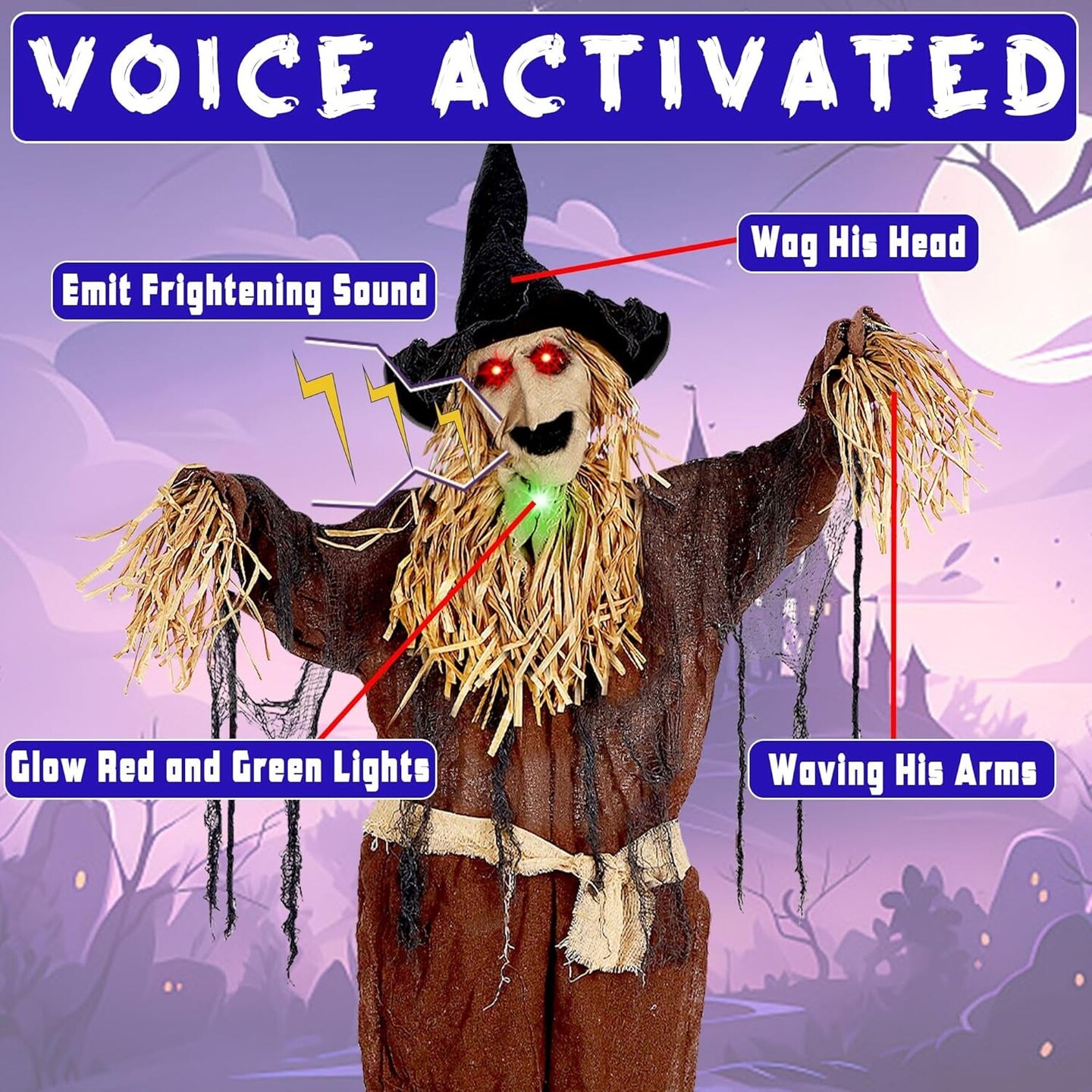 6FT Halloween Animated Scarecrow Props, Live-Sized Voice Activated Ghost with Turning Heads, Swing Arms, Red Lighted Eyes &#x26; Scary Sound for Haunted House Spooky Party Decorations