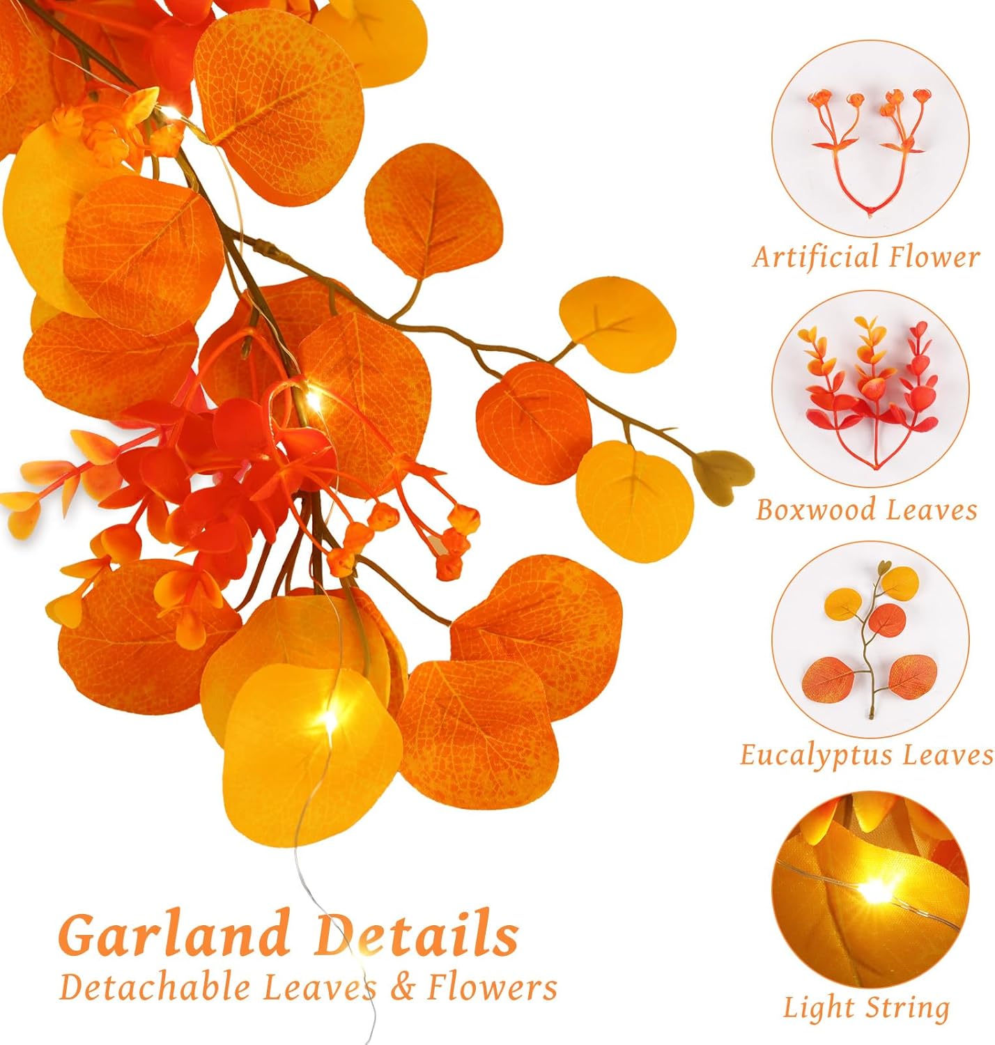 6FT Artificial Orange Eucalyptus Garland, Battery Operated Twig Vine Fall Decorations for Home Thanksgiving Table Fireplace Mantle Party Outdoor