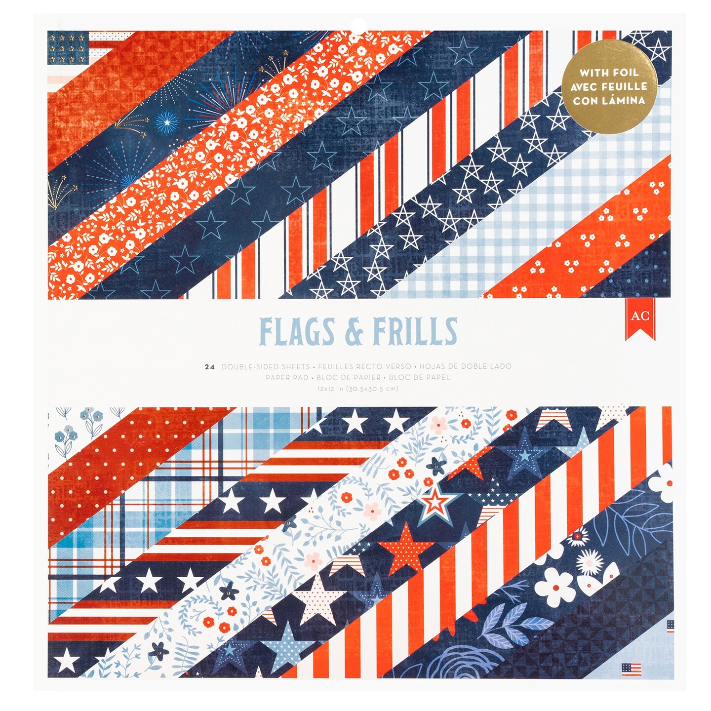 American Crafts Double-Sided Paper Pad 12"x12" 24/Pkg-Gold Foil, Flags And Frills