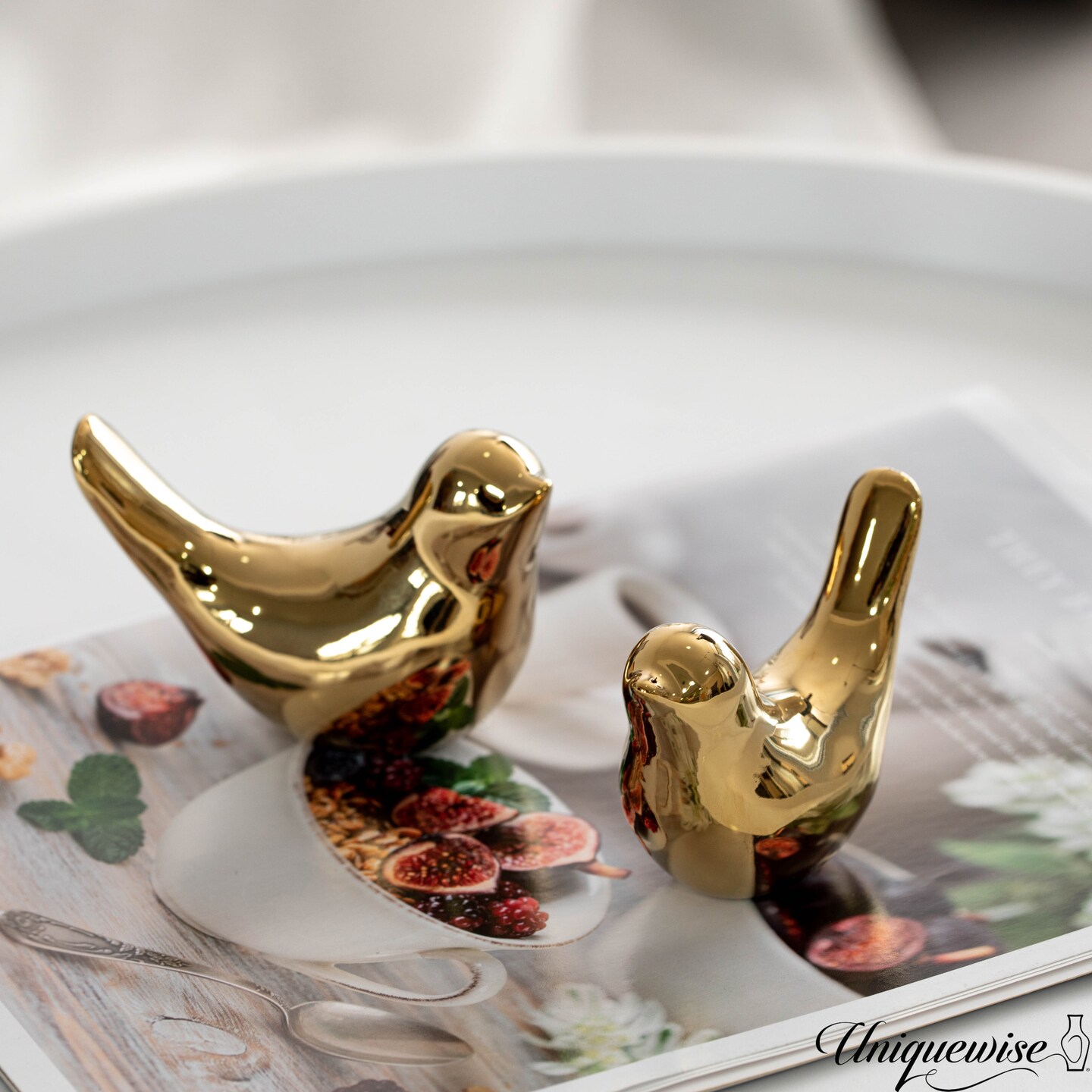 Uniquewise Set of 3 Gold Bird Figurines Elegant Home D&#xE9;cor