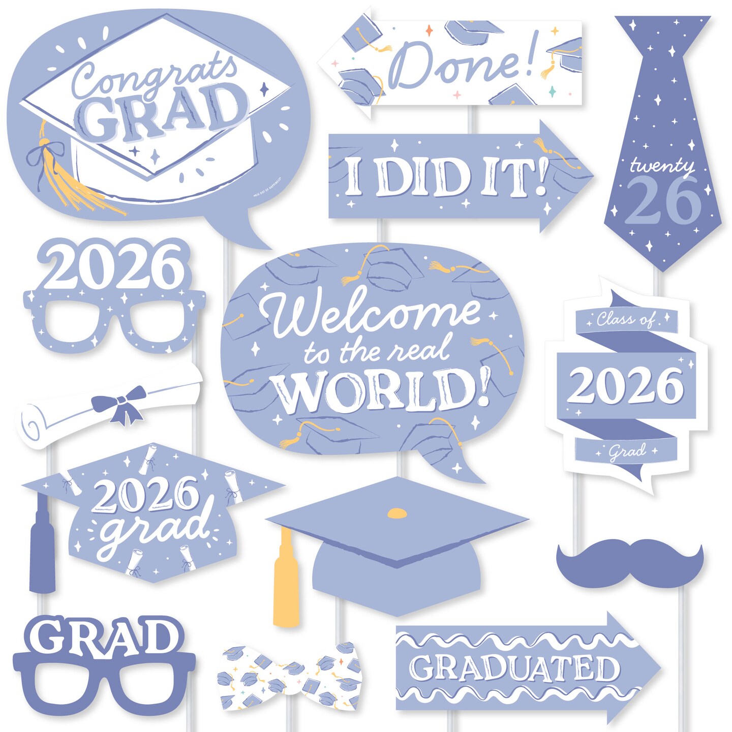 Big Dot of Happiness Light Purple Graduation Props for Photoshoot 2026, Set of Photo Booth Props for Pictures and Graduation Party Decorations - 20 Ct