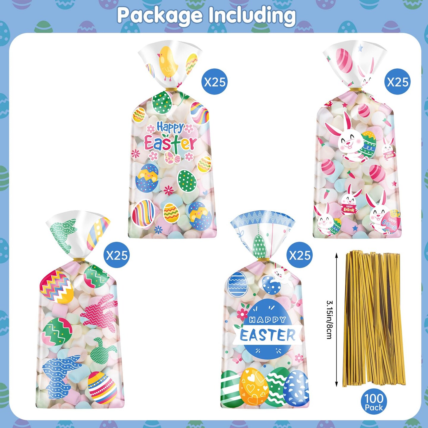 100 Pcs Easter Treat Bags - Happy Easter Gift Bags, Easter Eggs Plastic Cellophane Bag, Clear Colorful Easter Bunny Goodie Candy Favor Bags with Gold Twist Ties for Easter Party Favors Supplies