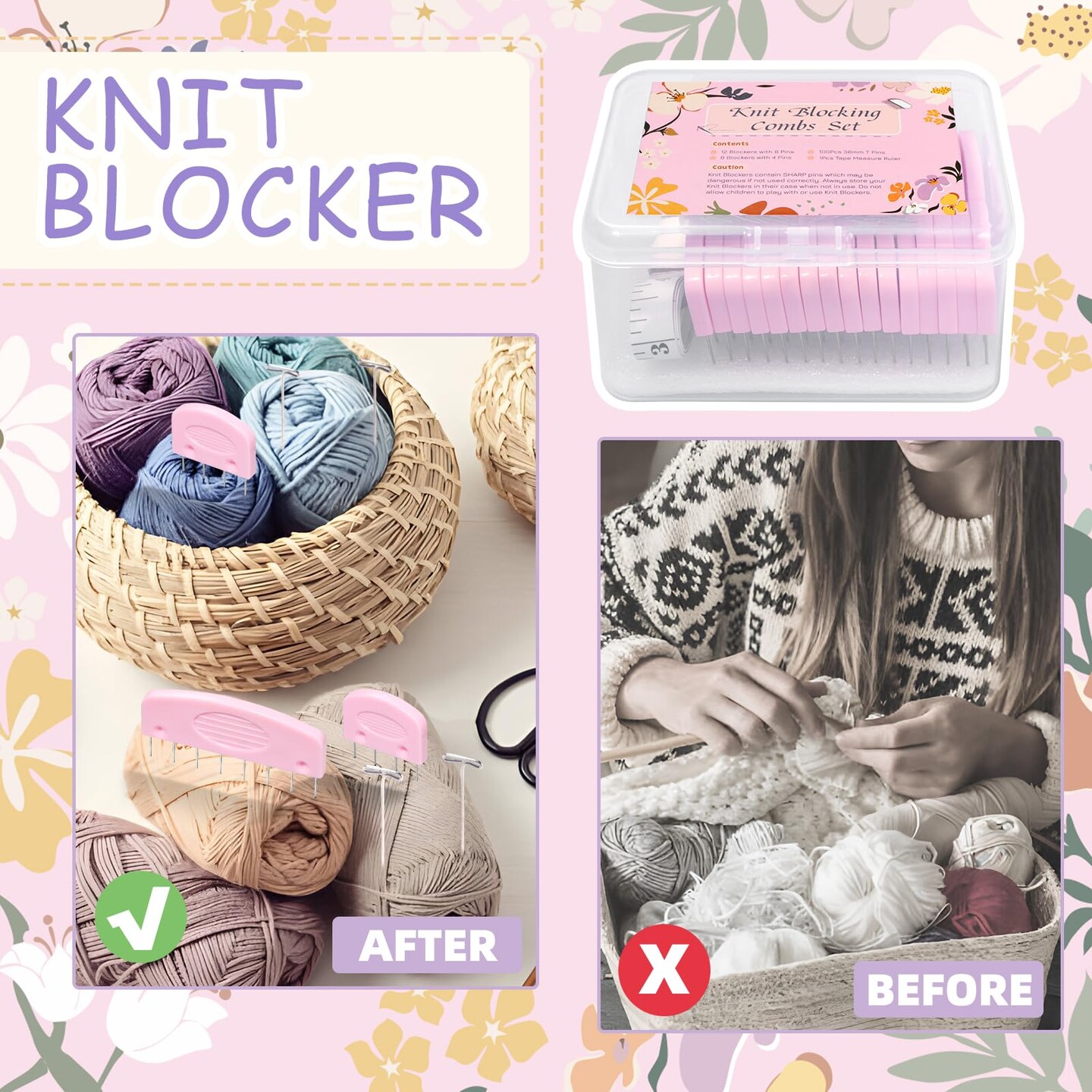 120 Pcs Knit Blocking Combs Pins Kit, 20Pcs Pink Color Knit Blockers Pins Kit, 100 T-pins for Blocking Knitting Crochet, Needlework Projects, Knitting Block Pins Tool for Blocking Mats