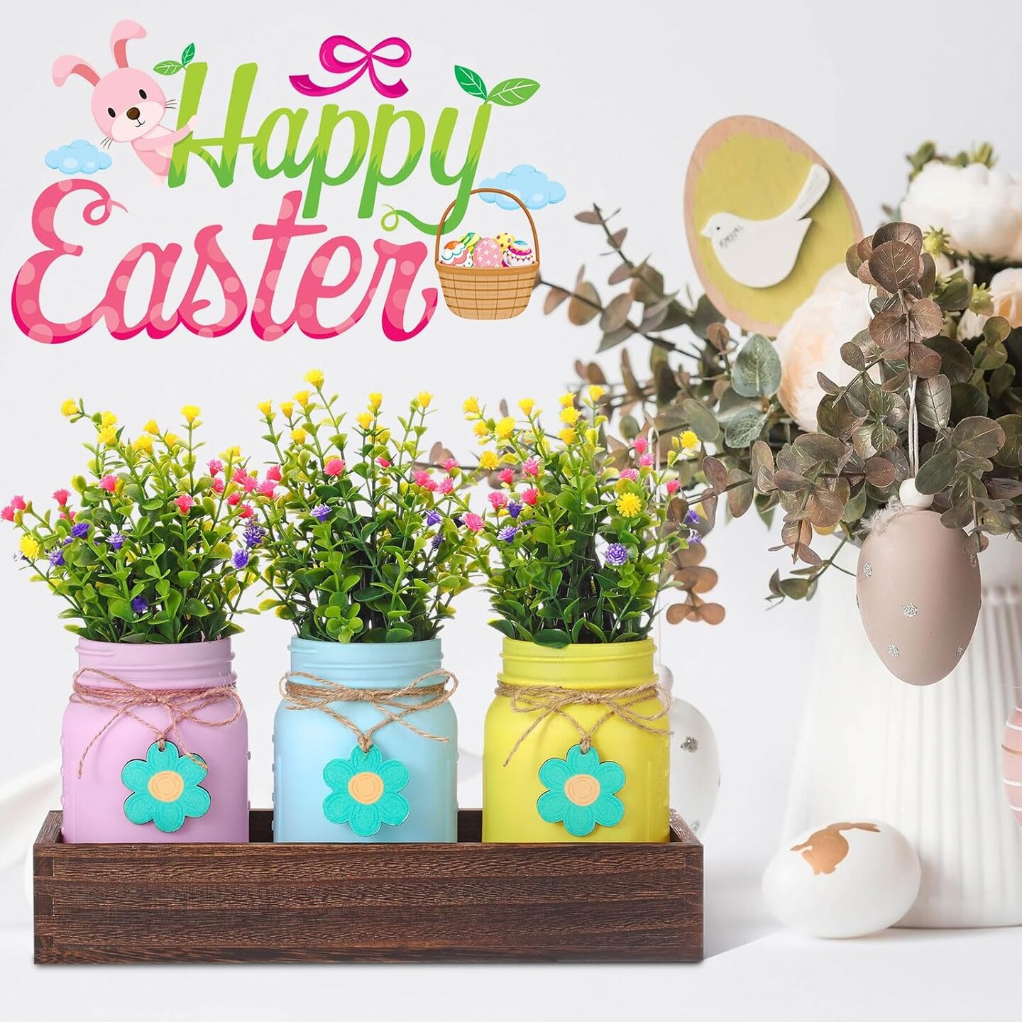 Spring Table Decoration Set Rustic Wood Tray with Artificial Colorful Flower Greenery Fake Plants Mason Jar Wooden Tag for Easter Spring Dining Table Centerpiece Supplies 11"L x 4.5"W x 2"H
