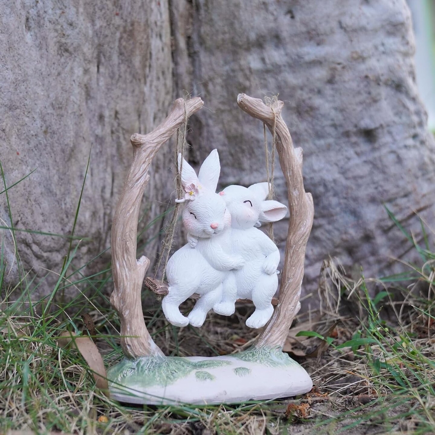 Easter Bunny Outdoor Resin Statues – Couple Rabbit Figurines on Swing, Garden & Home Decor (5"x2.5"x6.5")