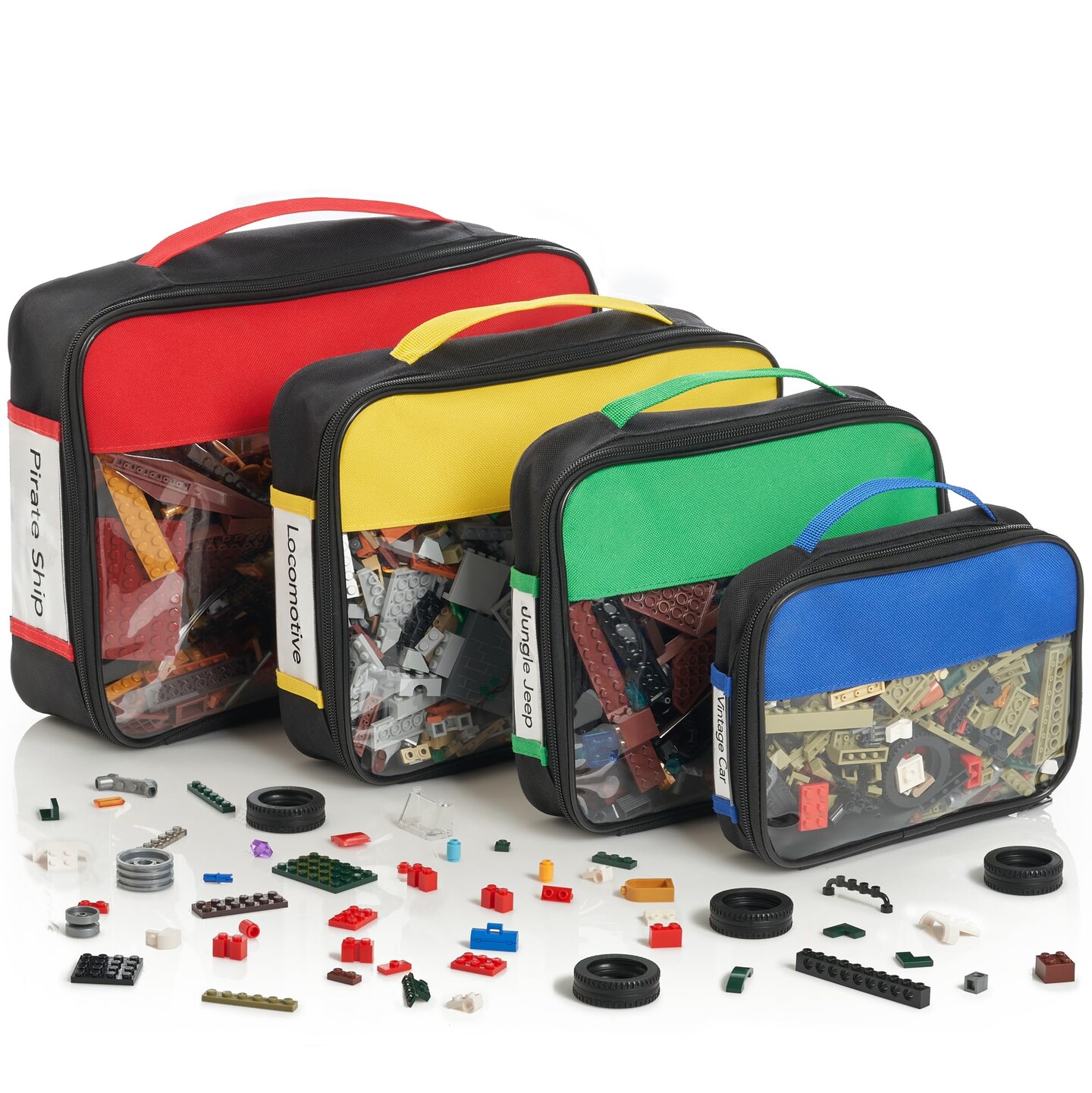 Premium Toy Storage Bags Compatible with LEGO Bricks - Set of 4 Bags With Labels, Handles & Pockets For Easy Organizing - Quality Bliss Bins for Keeping Puzzles & Board Games Stored with Ease