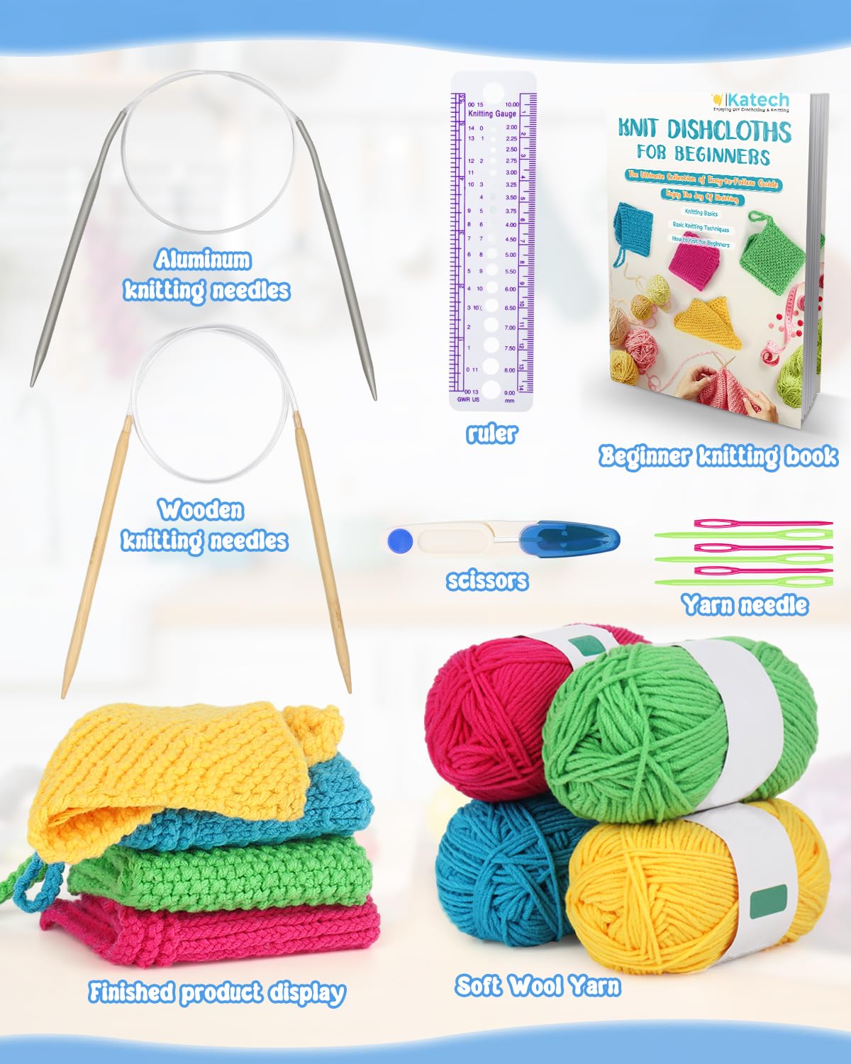 Katech Knitting Kit for Beginners - Learn to Knit Dishcloth - Adults &#x26; Kids Knitting Kit with Knitting Book, Needles, Yarn, Yarn Needle, Craft Kits Gift (Beginner to Expert)