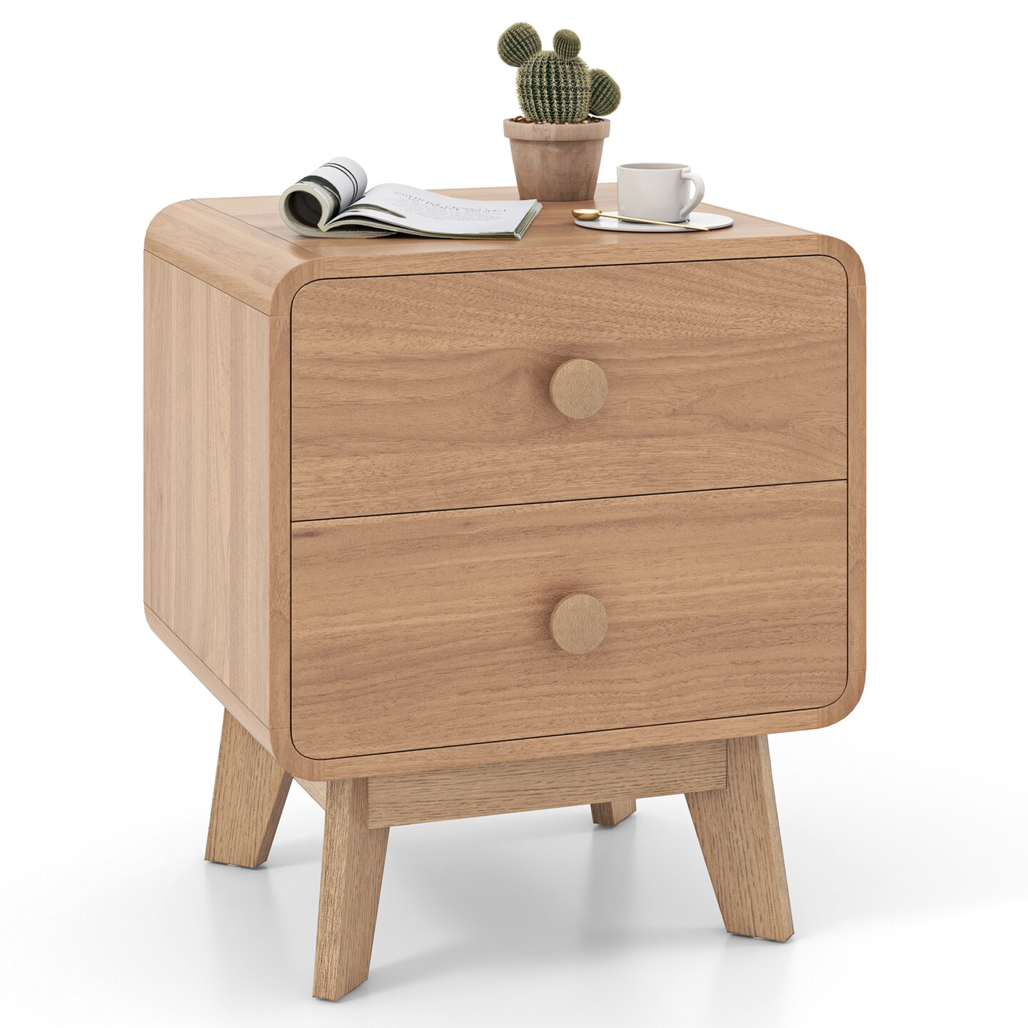 Costway 1/2 PCS Modern Style 2-Drawer Nightstand Bedside Table with Solid Rubber Wood Legs Brown