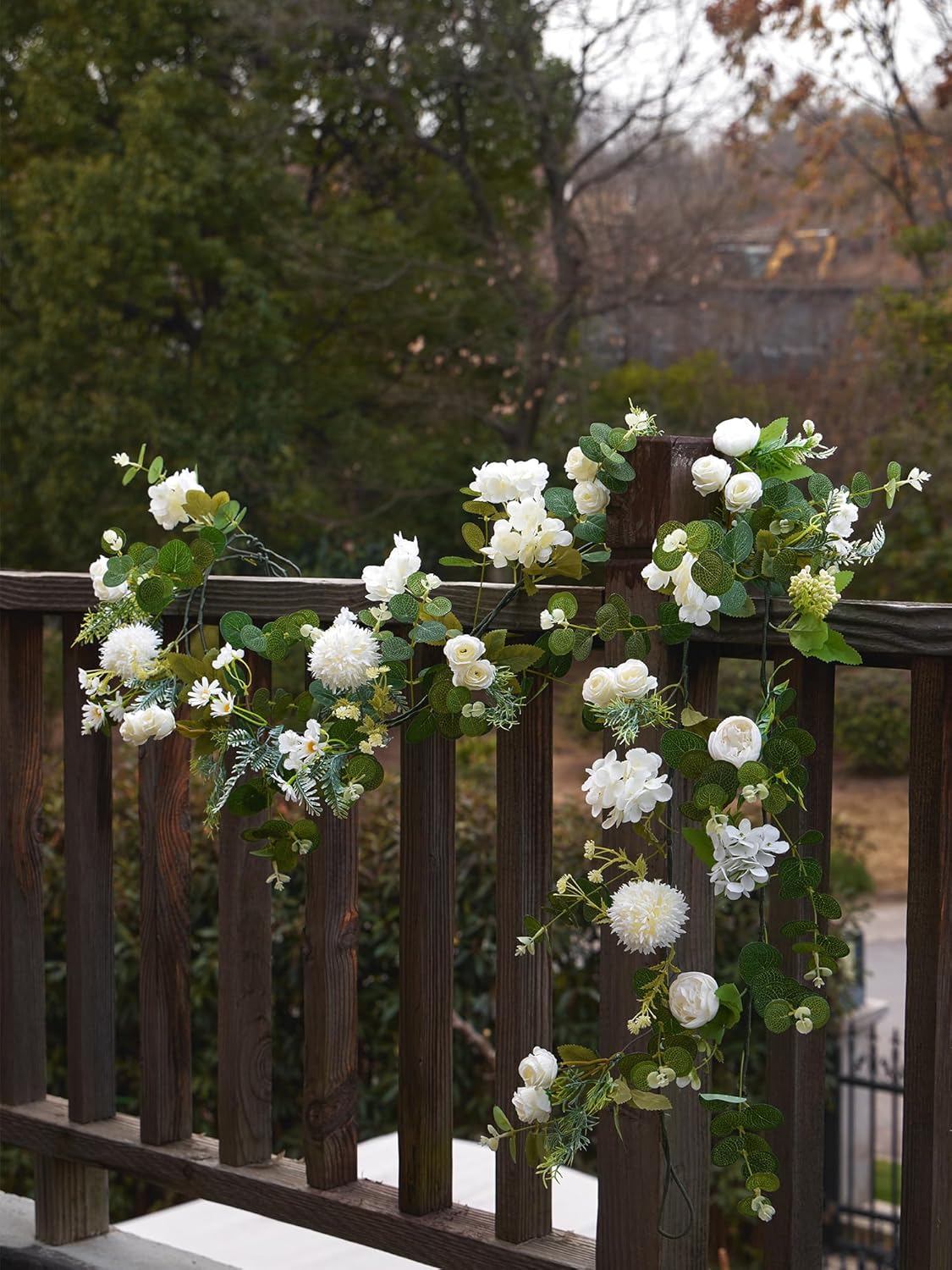 5.9Ft Eucalyptus Garland with Flowers, Artificial Fake Flower Greenery Spring Garland for Baby Shower Wedding Mantle Table Centerpiece Spring Decor