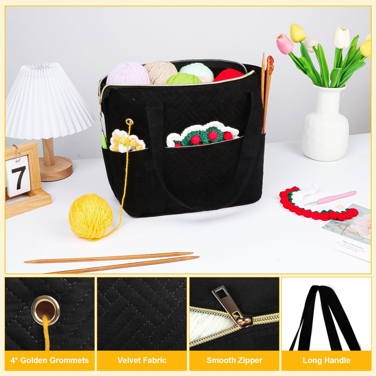 Crochet Bag Organizer for Yarn Storage, Velvet Knitting Tote Bag with Double Handle for Crochet Accessories, Portable Travel Case for Yarn Balls, Crochet Hooks&#x26; Knitting Needles Holder (Black)