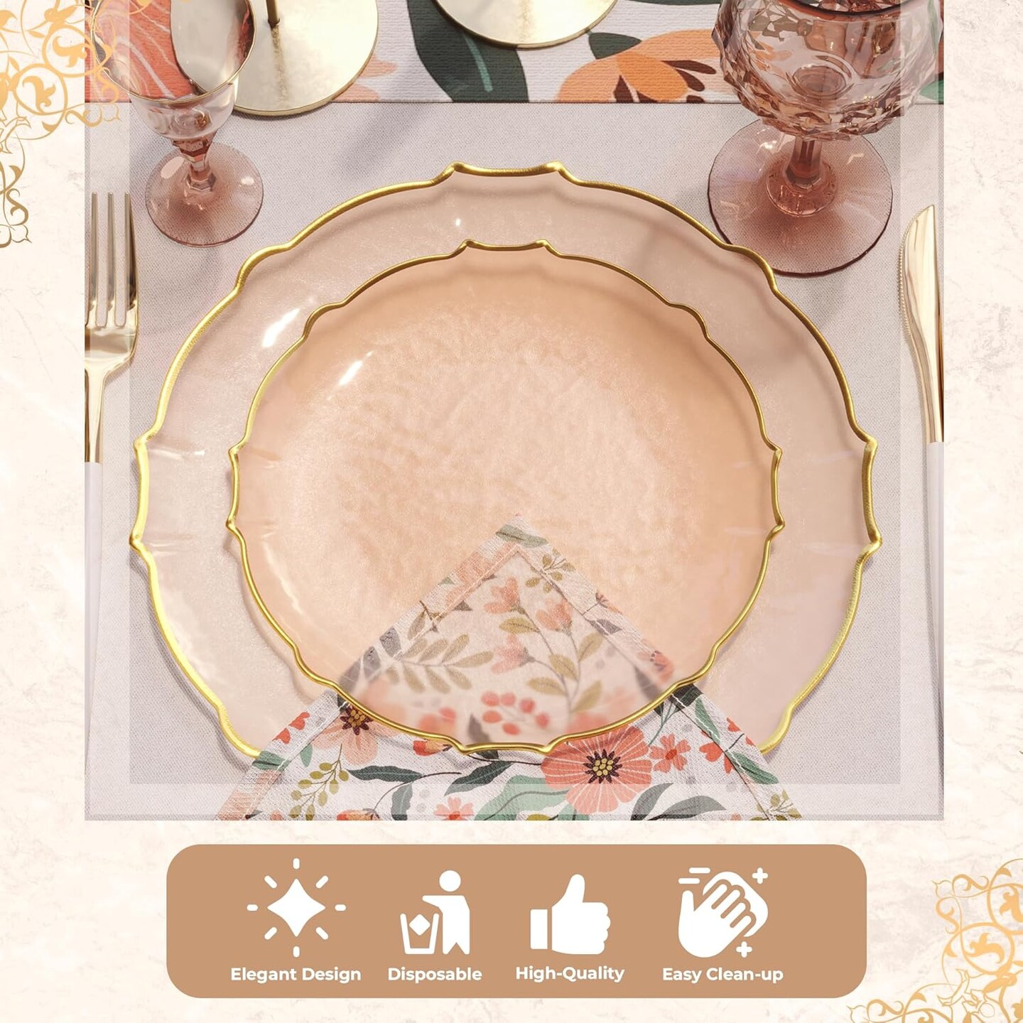 Trendables Plastic Plates for Party Fancy Plastic Dinner Plates For Guest 7.5 inch Dessert Plates &#x26; 10 Inch Thin Delicate Disposable Dinnerware Charger Plate Set