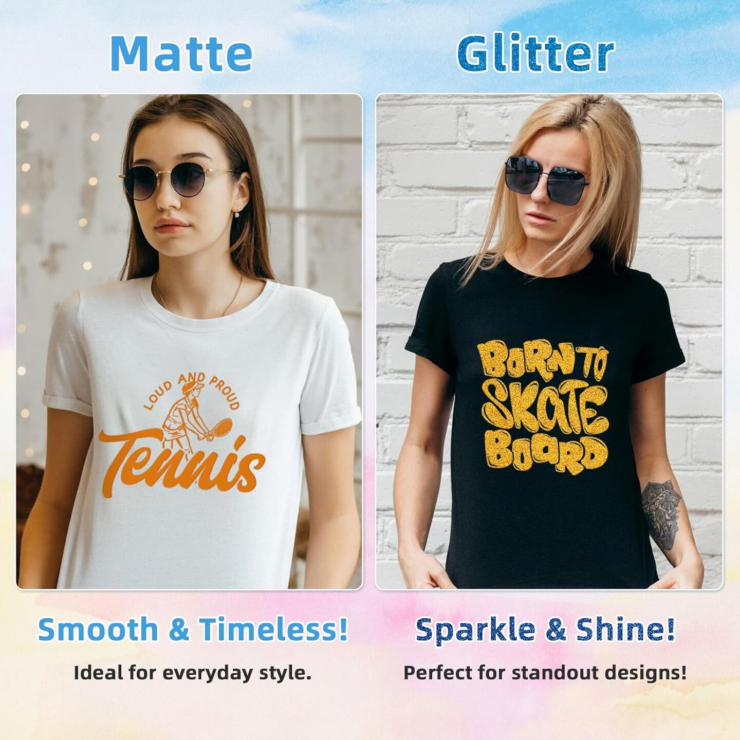Iron On Vinyl - 12&#x22;x10&#x22; Heat Transfer Vinyl Sheets (63 Colors: Glitter &#x26; Matte)