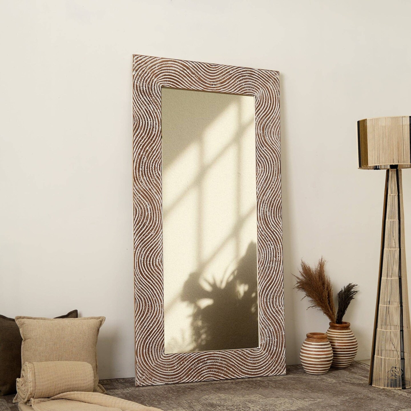 Accent Mirror | Rustic White Solid Wood Hand-Carved | Vintage Farmhouse Mirror | 36" x 72