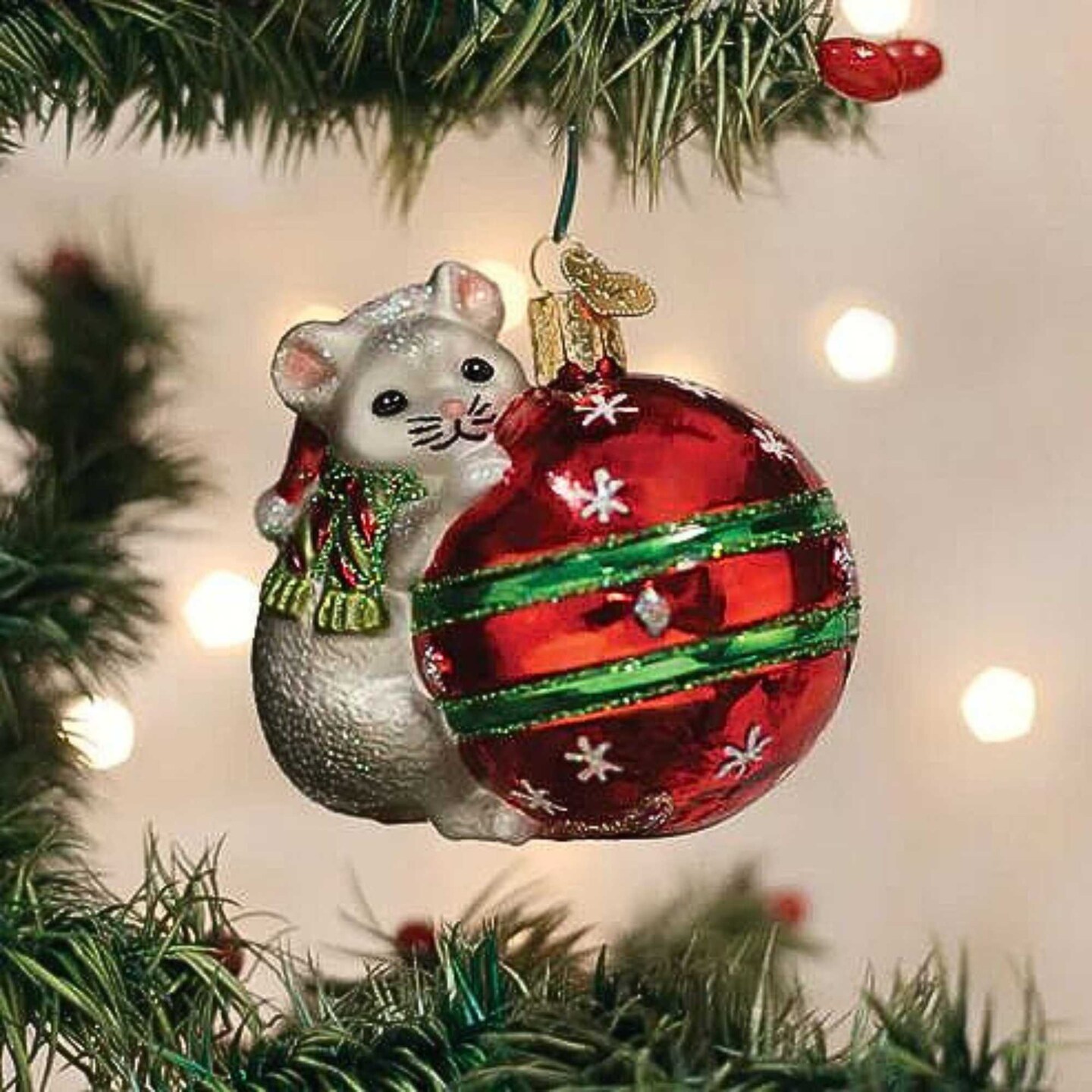 Old World Christmas 3.0 Inch Playful Christmas Mouse Christmas Tree Ornament , Christmas Decor Ball Ornament Santa Hat